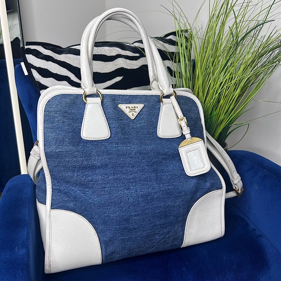 Prada Handbags - PRADA DENIM Saffiano Leather Trim Tote w/ Dustbag and Authenticity Card